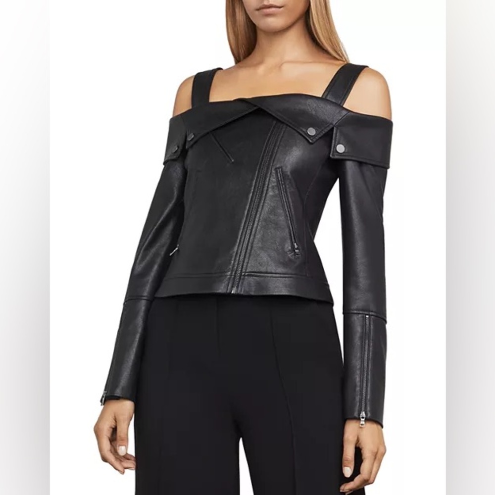 BCBGMAXAZRIA Off the Shoulder Faux Leather Moto Jacket